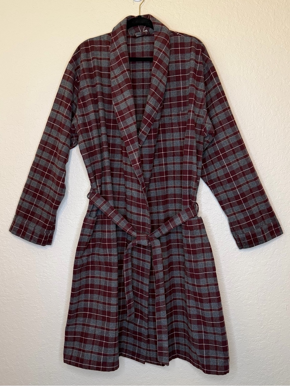 L.L. Bean Burgundy & Gray Plaid Shawl-Collar Robe